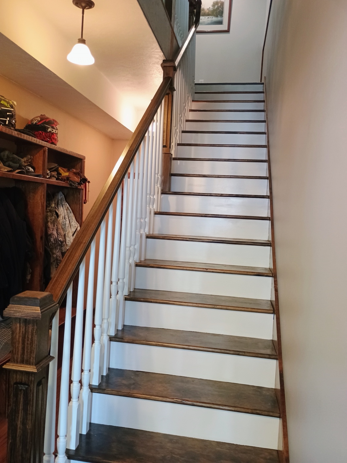 Completed custom staircase with stained wood treads and handrail, white risers, and white balusters